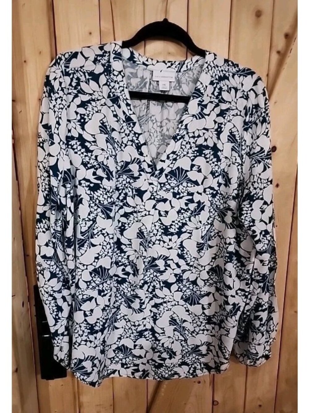 Liz Claiborne Long Sleeve Floral Print Top 2XL Blue White Flowy Vacation Beach
